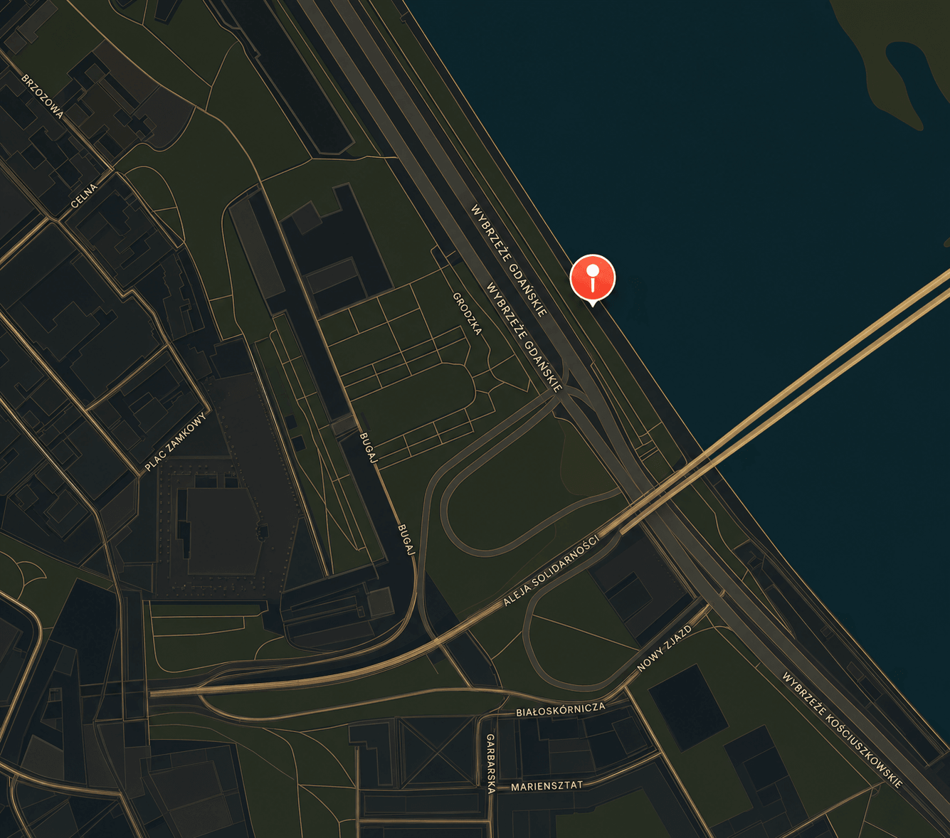 Stylizowana mapa ulic prowadzących do lokalizacji Yacht Party przy Bulwarze Jana Karskiego 1